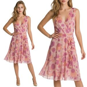 Vintage Y2K Adrianna Papell Pink Orange Polka Dot Ruffle Detail Silk Midi Dress